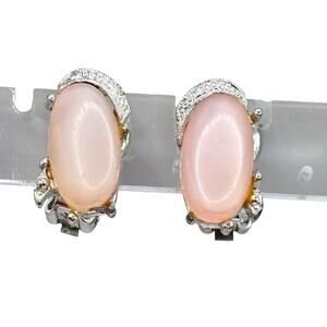 Earrings Pink Lucite Thermoset Vintage Oval Shaped Silver Tone Clip On SKU 3069